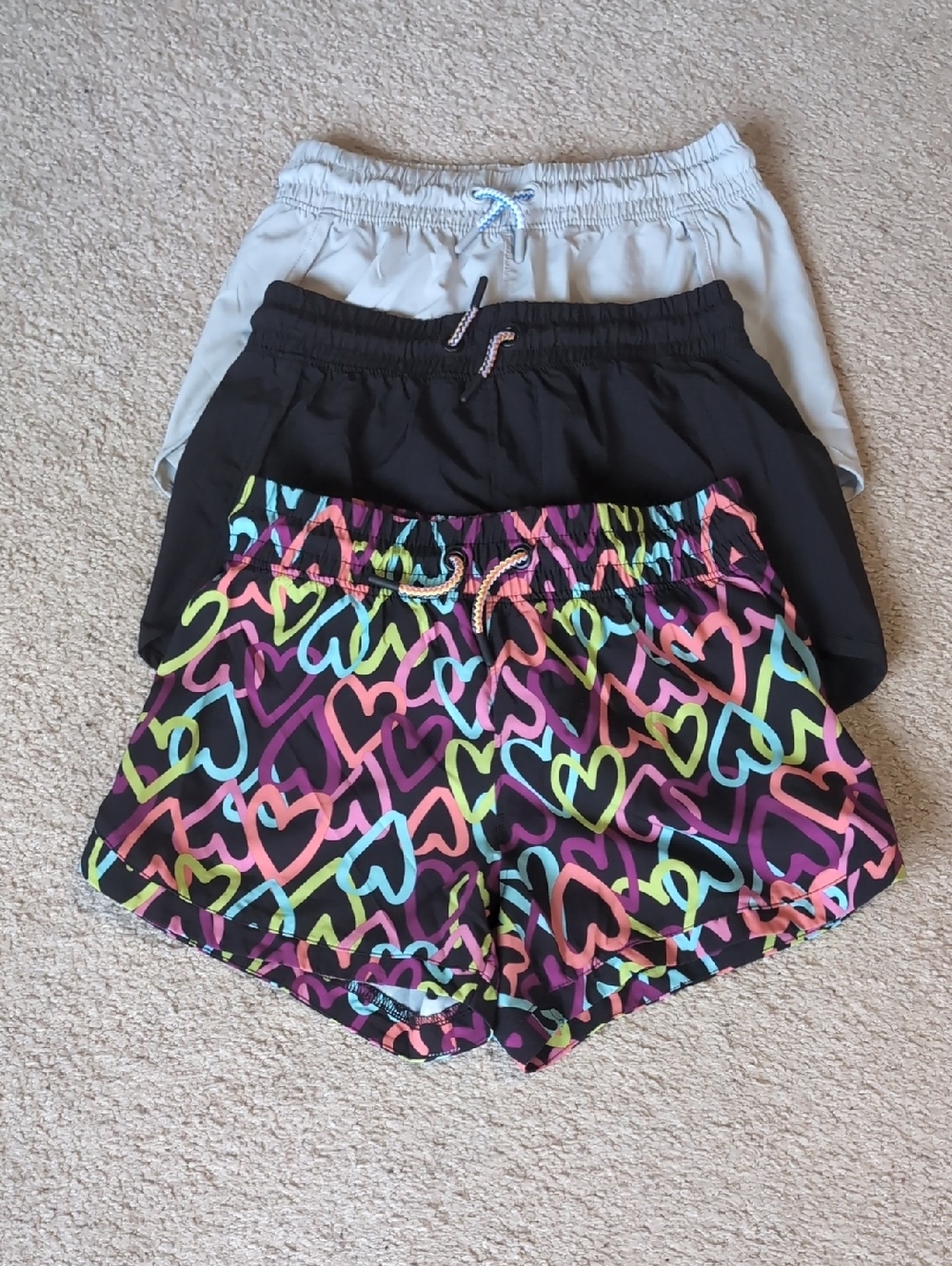 ⭐2/$20 Girls' Athletic Shorts Trio— Black with Multicolor Hearts, Black, Gray
